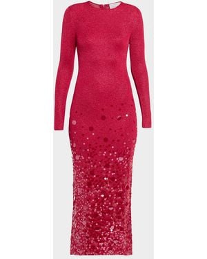 Carolina Herrera Sequined Long-Sleeve Shimmering Jersey Midi Dress - Red