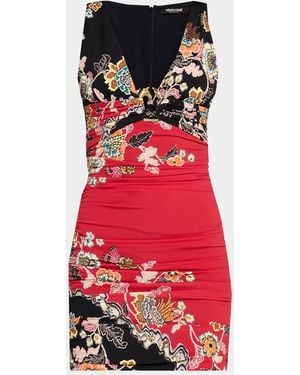 Roberto Cavalli Ruched Sleeveless Floral Mini Dress - Red