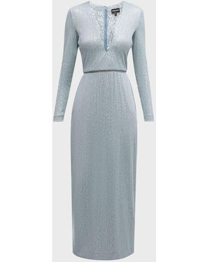 Giorgio Armani Plunging Sequined Knit Dress - Blue