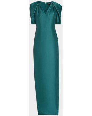 Badgley Mischka Cape-Sleeve Mikado Column Gown - Green