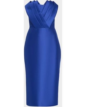 Badgley Mischka Strapless Pleated Fan Mikado Midi Dress - Blue