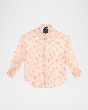 R13 Pintuck Drop-Neck Heart-Print Silk Shirt - Pink