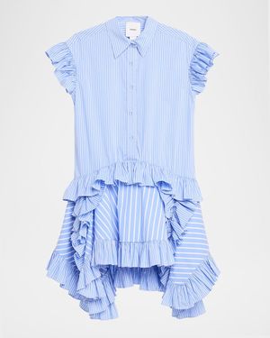 AKNVAS Mila Pinstripe Ruffled Poplin Dress - Blue