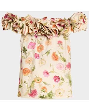 Carolina Herrera Rose Off-The-Shoulder Floral Cotton Top - White