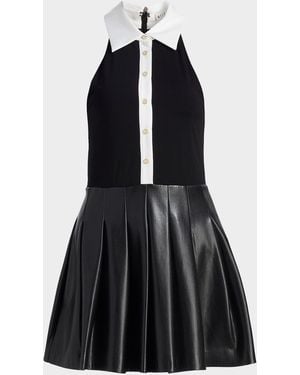 Alice + Olivia Tate Vegan Leather Sleeveless Polo Mini Shirtdress - Black