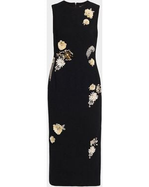Oscar de la Renta Crystal Embroidered Tweed Sleeveless Midi Cocktail Dress - Black
