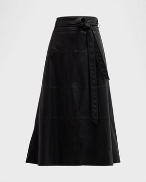 Tanya Taylor Hudson Faux Leather Belted Tiered Seam Midi Skirt - Black