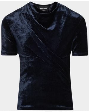 Giorgio Armani Cowl-Neck Draped Velvet Short-Sleeve Top - Black
