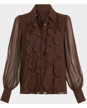 Ramy Brook Claire Ruffle Blouson-Sleeve Silk Blouse - Brown