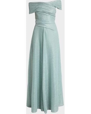 Talbot Runhof Draped Off-The-Shoulder Metallic Plisse Gown - Blue