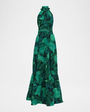Teri Jon Floral-Print Chiffon Halter Gown - Green