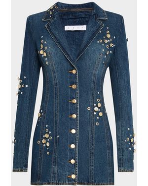 Area Crystal Button Studded Denim Mini Blazer Dress - Blue