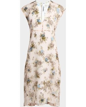 Jil Sander Floral Silk Crepe A-Line Midi Dress - Natural