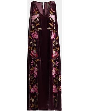 Johnny Was Floral-Embroidered Velvet Swing Midi Dress