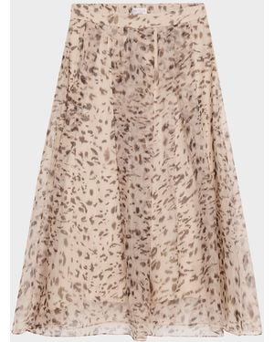 Brunello Cucinelli Printed Silk A-Line Midi Skirt - Natural
