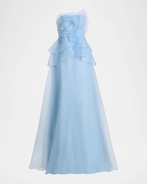 THEIA Gilda Draped Rose Strapless Organza Gown - Blue
