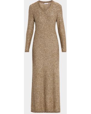 Brunello Cucinelli Mohair Diamante Knit Long-Sleeve Maxi Dress - Natural