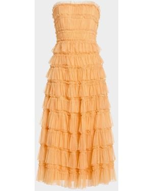 Mac Duggal Mesh Ruffled Strapless Midi-Dress - Orange