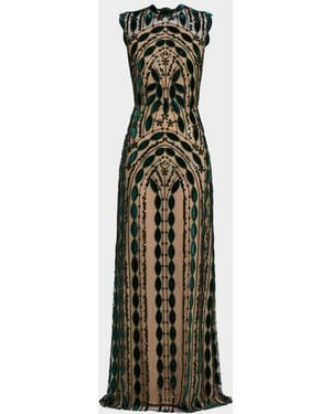 Reem Acra Geo Velvet Embroidered Sleeveless Gown - Green
