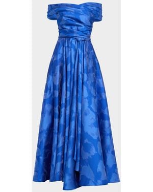 Talbot Runhof Off-The-Shoulder Draped Floral Jacquard Gown - Blue