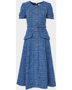 Carolina Herrera Crystal Button-Front Tweed Midi Dress With Belt - Blue