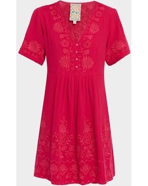 Johnny Was Floral-Embroidered Cotton Gauze Dress - Pink