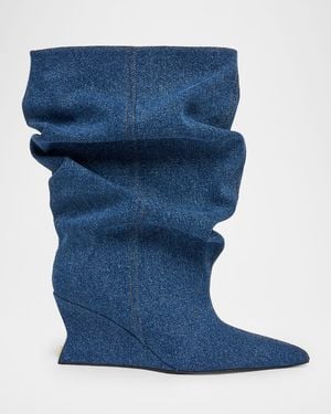 Balmain Scrunched Denim Wedge Ankle Boots - Blue