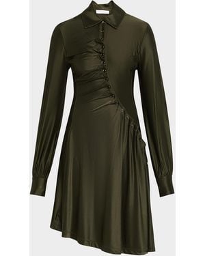 Rabanne Ruched Button Long-Sleeve Mini Shirtdress - Green