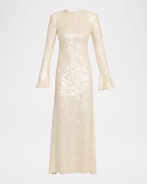 LAPOINTE Sequined Flare-Sleeve Maxi Dress - Natural