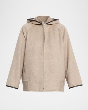 Bottega Veneta Leather-Trim Brushed Wool Hooded Jacket - Natural