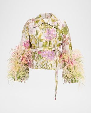 Libertine Dianthus Jacquard Feather-Trim Single-Breasted Jacket - Metallic