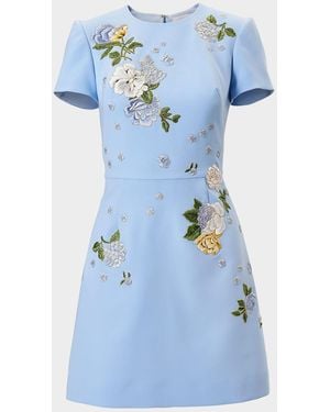 Carolina Herrera Embroidered Short-Sleeve Bow Cutout Mini Dress - Blue