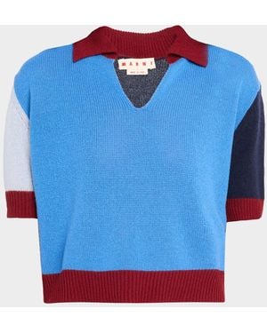 Marni V-Neck Colorblock Crop Polo Sweater - Blue