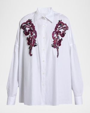 Dries Van Noten Embroidered Cotton Poplin Oversized Shirt - Blue