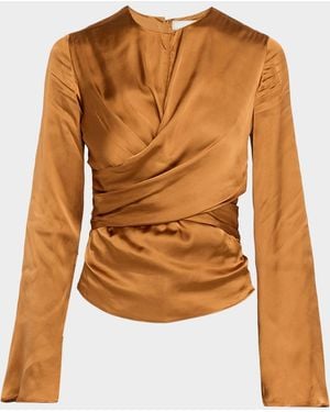 Isabel Marant Neame Draped Satin Flare-Sleeve Top - Brown