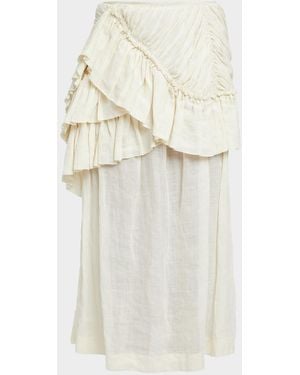Dries Van Noten Shelby Draped Ruffle Ramie Midi Skirt - White