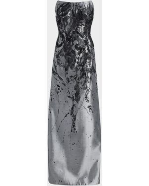 Rene Ruiz Gathered Brocade Strapless A-Line Gown - Gray