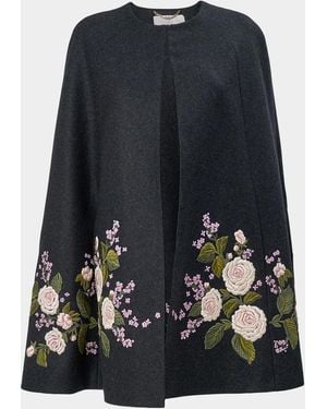 Carolina Herrera Floral-Embroidered Virgin Wool Cape - Black