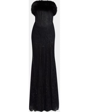Elie Saab Faux-Fur Trim Strapless Lace Corset Gown - Black
