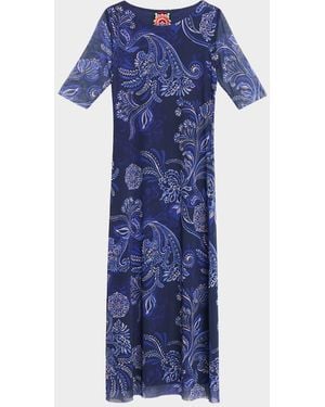 Johnny Was Astrid Floral Mesh Elbow-Sleeve Midi Dress - Blue