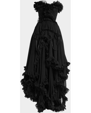 McQueen Strapless Draped Ruffle Silk Georgette Gown - Black