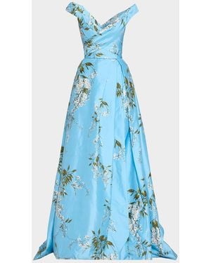 Monique Lhuillier Off-The-Shoulder Wisteria Silk Taffeta Slit Ball Gown - Blue