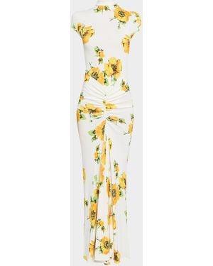 Alaïa Mock-Neck Draped Floral Jersey Cap-Sleeve Maxi Dress - Metallic