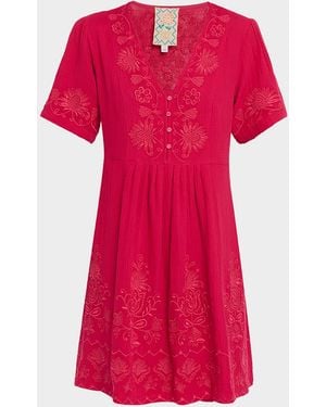 Johnny Was Floral-Embroidered Cotton Gauze Dress - Pink