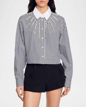 Sandro Embellished Cropped Check Shirt - Blue