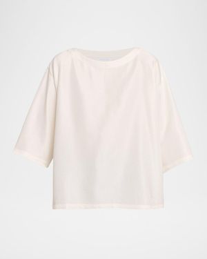 Eskandar Sloped Shoulder Wide A-Line Scoop Neck Top- Mid Length - White