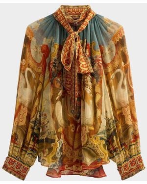 CAMILLA Met X Printed Pussybow Silk Blouse - Brown