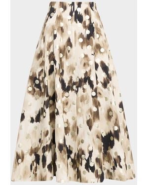 Lela Rose Ikat Metallic Polka-Dot Print Midi Skirt - Natural