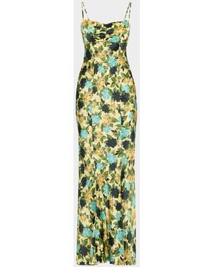 Saloni Renee Long Floral Silk Spaghetti-Strap Dress - Green