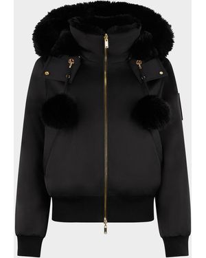 Moose Knuckles Debbie Satin Bomber Jacket With Removable Hood & Pom Poms - Black